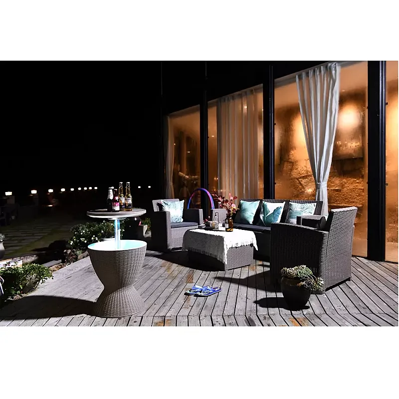 Masa de bar cu frapiera pentru servire, depozitare si racire bauturi, imitatie ratan si iluminare LED cu baterii - Studiocasa.ro