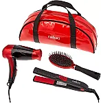 Set voiaj uscator de par , 1200 W + Placa de indreptat parul, fete ceramice + perie par si borseta -Set cadou, Rosu /Negru, Medicura - Studiocasa.ro