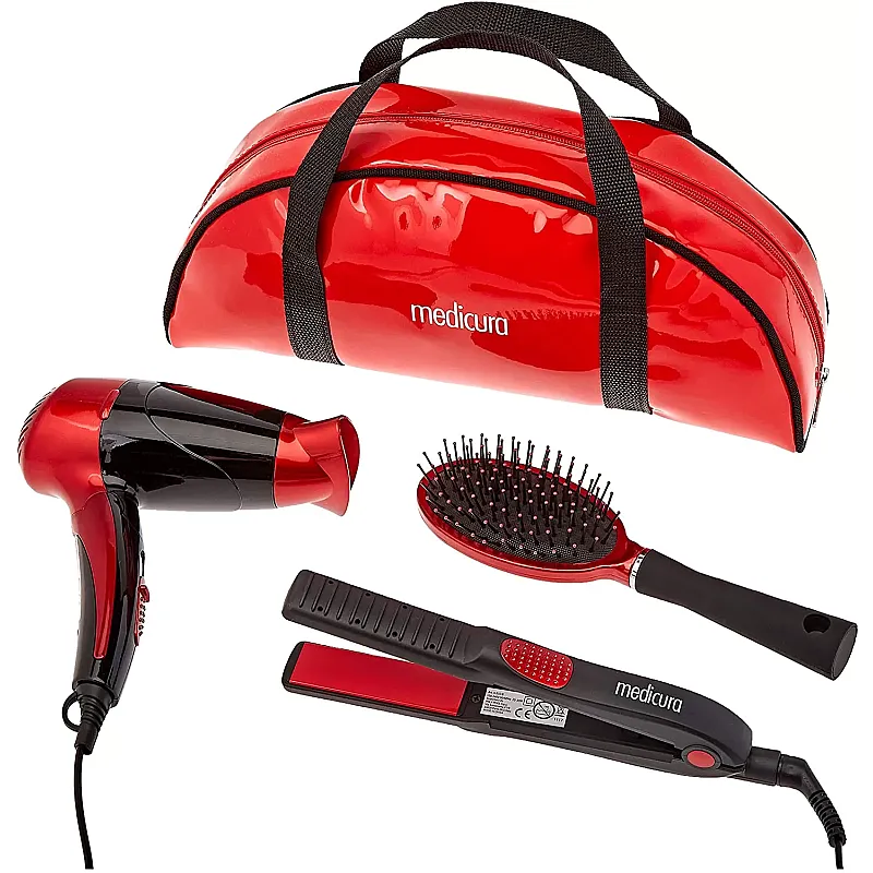 Set voiaj uscator de par , 1200 W + Placa de indreptat parul, fete ceramice + perie par si borseta -Set cadou, Rosu /Negru, Medicura - Studiocasa.ro
