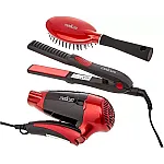 Set voiaj uscator de par , 1200 W + Placa de indreptat parul, fete ceramice + perie par si borseta -Set cadou, Rosu /Negru, Medicura - Studiocasa.ro