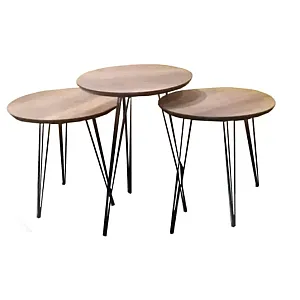 Set 3 masute cafea Design Wood Studio Casa, picioare din metal, 52/46/40 x 38 cm, Maro/Negru