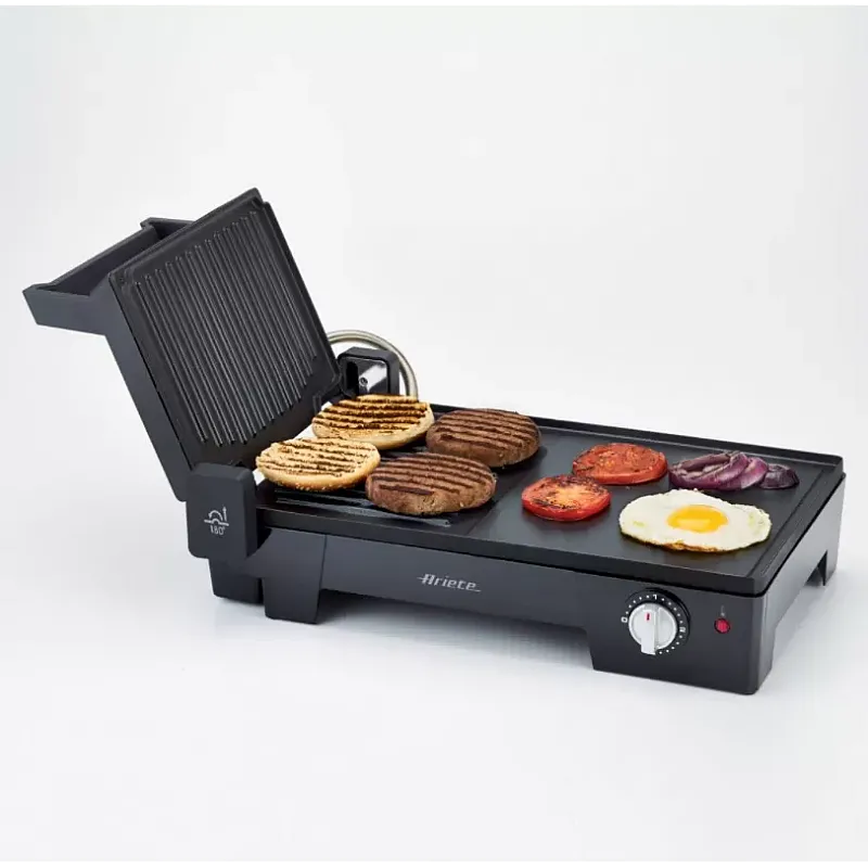 Gratar Electric Ariete 1916 3 In 1, 2200 W, 60X25 Cm, 3 Suprafete De Gatire, Termostat, Placi Antiaderente, Deschidere La 180°, Negru - Studiocasa.ro