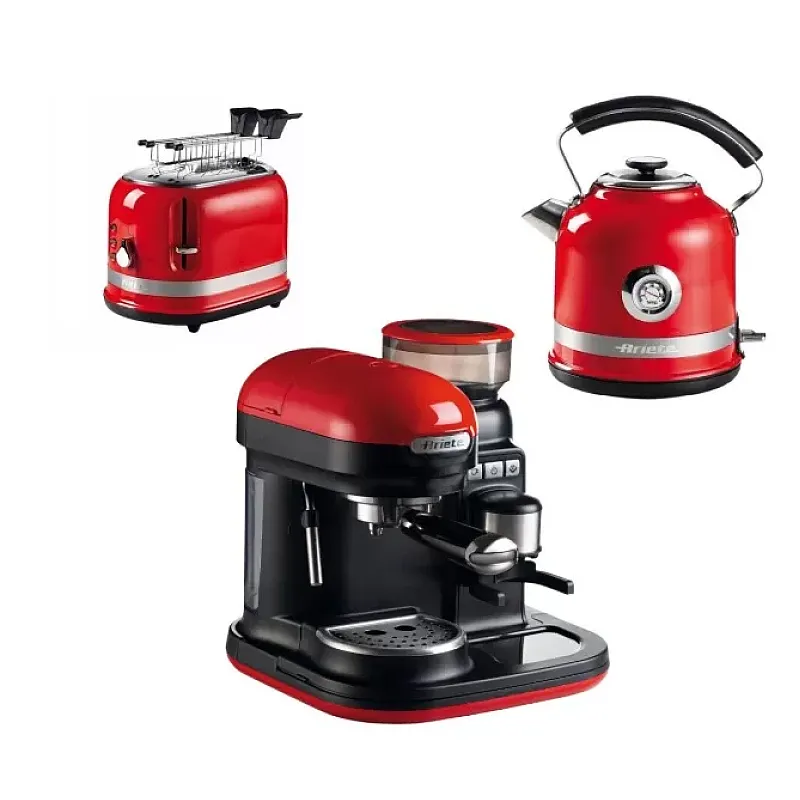 Pachet espressor manual cu rasnita incorporata, cana electrica si prajitor de paine Moderna, Ariete, 1080 W, 15 Bar, Rosu/Negru - Studiocasa.ro