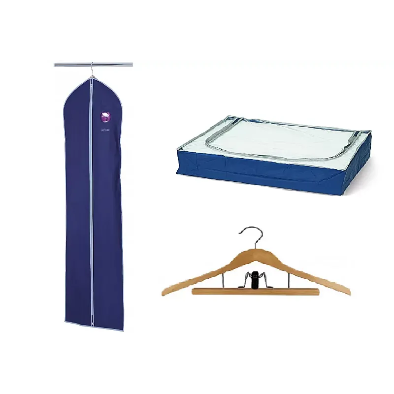 Set - Husa Haine 60/150Cm + Husa Depozitare Haine Paturi 55/45/15Cm + Umeras Multifunctional Lemn - Coronet - Studiocasa.ro