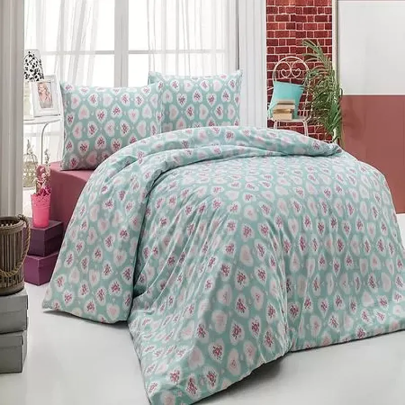 Set Lenjerie Pat Dublu Studio Casa Hearty Ice Blue, 100% Bumbac Ranforce, Cearceaf Pat 220 X 240 Cm, Cearceaf Pilota 180 X 200 Cm +2 Fete De Perna 50 X 70 Cm - Studiocasa.ro