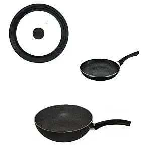 Set Tigaie Inalta Aluminiu 26 Cm + Tigaie Cu Maner 24 Cm + Capac Multisize 24/26/28 Cm Pepita Granit, Studio Casa