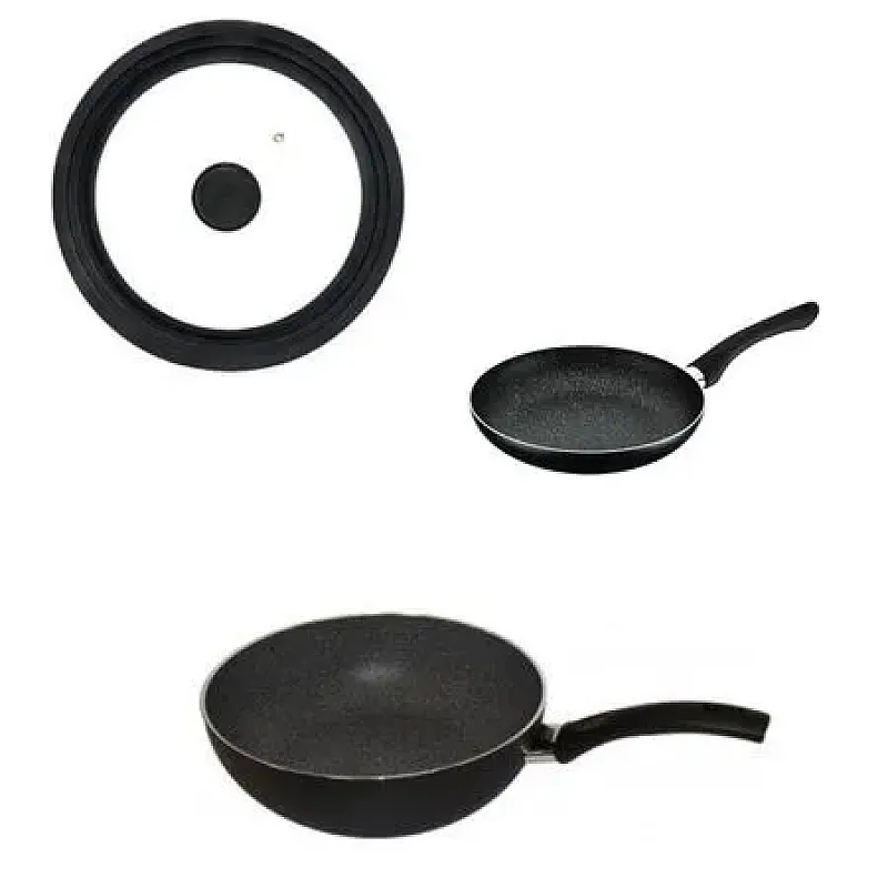 Set Tigaie Inalta Aluminiu 26 Cm + Tigaie Cu Maner 24 Cm + Capac Multisize 24/26/28 Cm Pepita Granit, Studio Casa - Studiocasa.ro