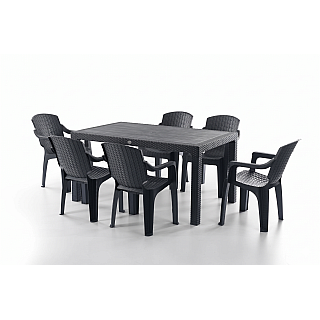 Set Masa terasa/gradina antracit cu 6 scaune Antracit, 150x90x77 cm, plastic, aspect ratan