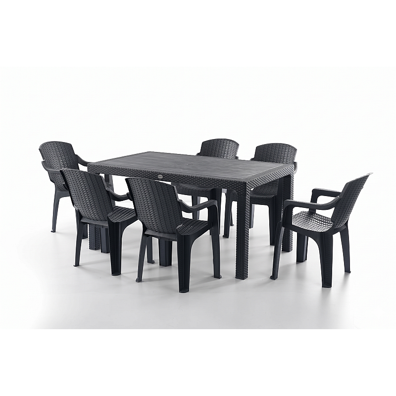 Set Masa terasa/gradina antracit cu 6 scaune Antracit, 150x90x77 cm, plastic, aspect ratan - Studiocasa.ro