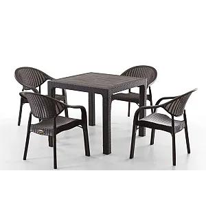 Set Masa terasa/gradina cu 4 scaune Bambu Pro, Maro, 90x90x77 cm, plastic, aspect ratan