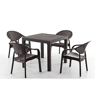 Set Masa terasa/gradina cu 4 scaune Bambu Pro, Maro, 90x90x77 cm, plastic, aspect ratan