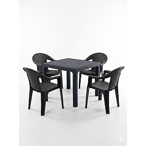 Set Masa terasa/gradina cu 4 scaune Berlin Negre, 90x90x77 cm, plastic, aspect ratan