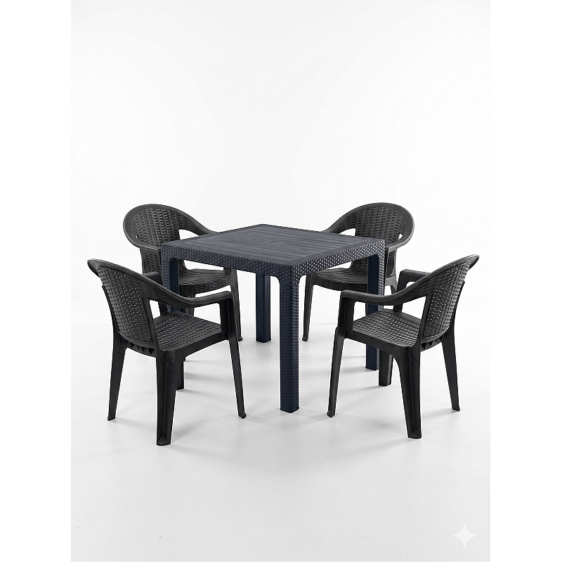 Set Masa terasa/gradina cu 4 scaune Berlin Negre, 90x90x77 cm, plastic, aspect ratan - Studiocasa.ro