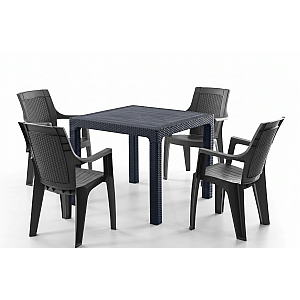 Set Masa terasa/gradina cu 4 scaune Efes Antracit/Negru, 90x90x77 cm, plastic, aspect ratan
