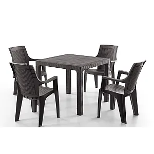 Set Masa terasa/gradina cu 4 scaune Efes Maro, 90x90x77 cm, plastic, aspect ratan