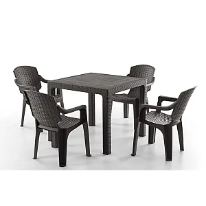 Set Masa terasa/gradina cu 4 scaune Golf Pro Maro, 90x90x77 cm, plastic, aspect ratan