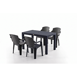 Set Masa terasa/gradina cu 4 scaune Golf Pro Negre, 75x125x77 cm, plastic, aspect ratan