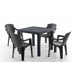 Set Masa terasa/gradina cu 4 scaune Golf Pro Negre, 90x90x77 cm, plastic, aspect ratan