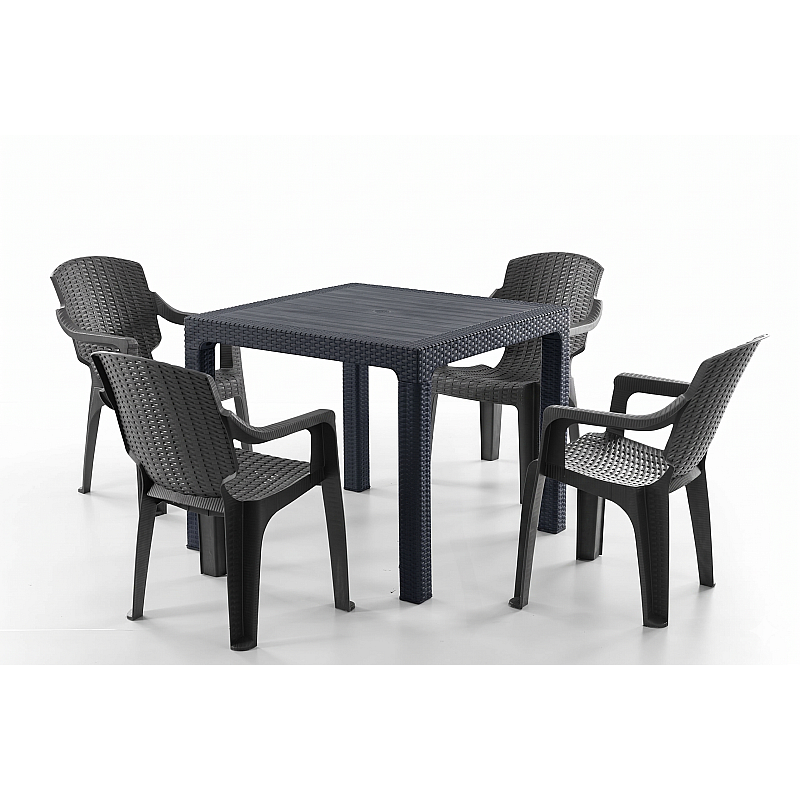 Set Masa terasa/gradina cu 4 scaune Golf Pro Negre, 90x90x77 cm, plastic, aspect ratan - Studiocasa.ro
