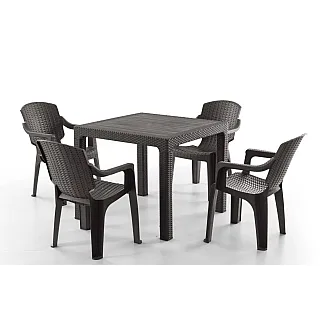 Set Masa terasa/gradina cu 4 scaune Maro, 90x90x77 cm, plastic, aspect ratan