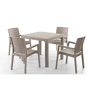 Set Masa terasa/gradina cu 4 scaune Sofya, Crem/Cappucino, 90x90x77 cm, plastic, aspect ratan