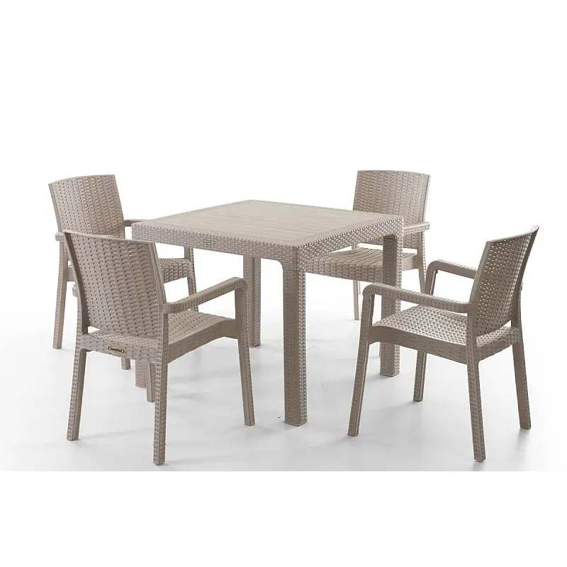 Set Masa terasa/gradina cu 4 scaune Sofya, Crem/Cappucino, 90x90x77 cm, plastic, aspect ratan - Studiocasa.ro