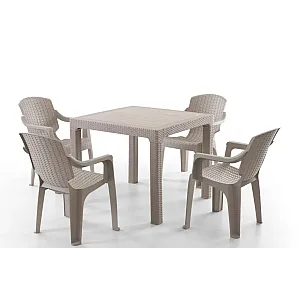 Set Masa terasa/gradina cu 4 scaune crem/cappucino, 90x90x77 cm, plastic, aspect ratan