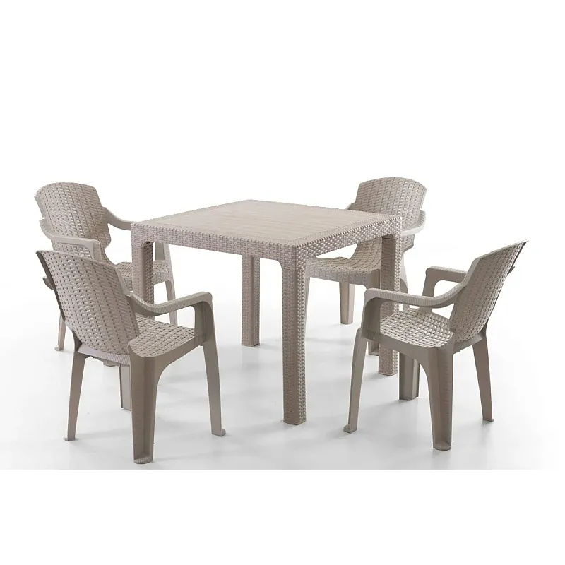 Set Masa terasa/gradina cu 4 scaune crem/cappucino, 90x90x77 cm, plastic, aspect ratan - Studiocasa.ro