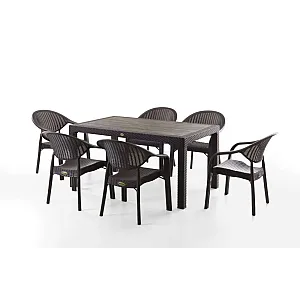 Set Masa terasa/gradina cu 6 scaune Bambu Pro , Maro, 150x90x77 cm, plastic, aspect ratan
