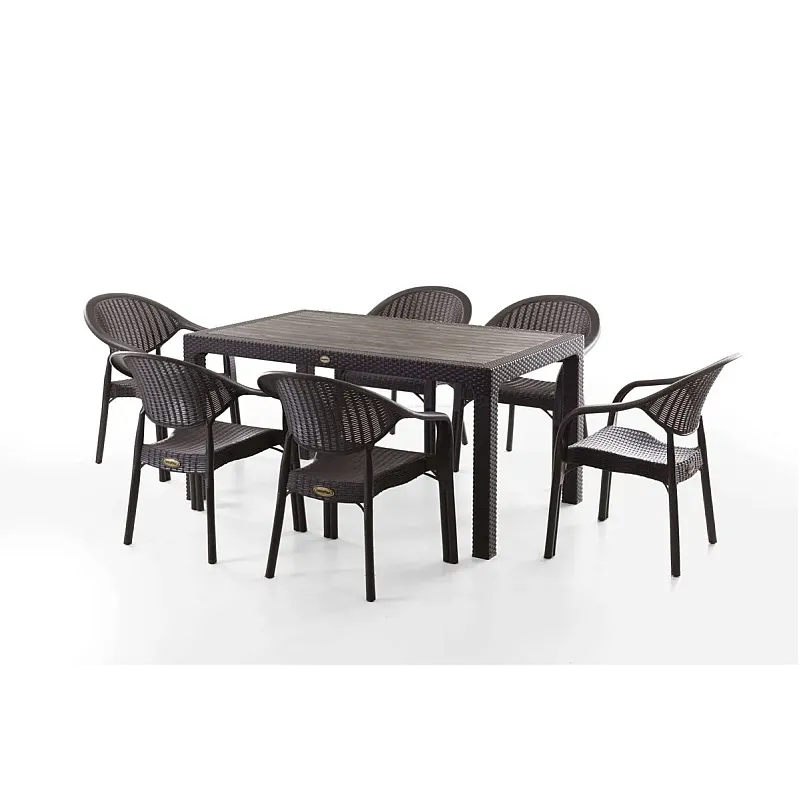 Set Masa terasa/gradina cu 6 scaune Bambu Pro , Maro, 150x90x77 cm, plastic, aspect ratan - Studiocasa.ro