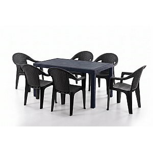 Set Masa terasa/gradina cu 6 scaune Berlin,Negru, 150x90x77 cm, plastic, aspect ratan