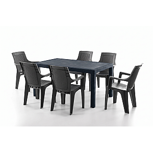 Set Masa terasa/gradina cu 6 scaune Efes, Antracit/Negru, 150x90x77 cm, plastic, aspect ratan