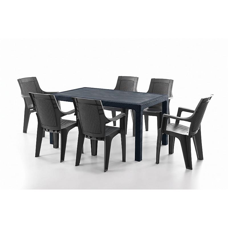 Set Masa terasa/gradina cu 6 scaune Efes, Antracit/Negru, 150x90x77 cm, plastic, aspect ratan - Studiocasa.ro