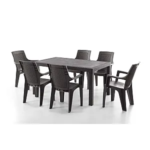 Set Masa terasa/gradina cu 6 scaune Efes, Maro, 150x90x77 cm, plastic, aspect ratan