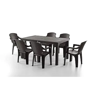 Set Masa terasa/gradina cu 6 scaune Golf Pro, Maro, 150x90x77 cm, plastic, aspect ratan
