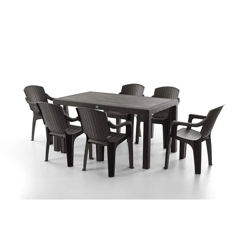 Set Masa terasa/gradina cu 6 scaune Golf Pro, Maro, 150x90x77 cm, plastic, aspect ratan - Studiocasa.ro