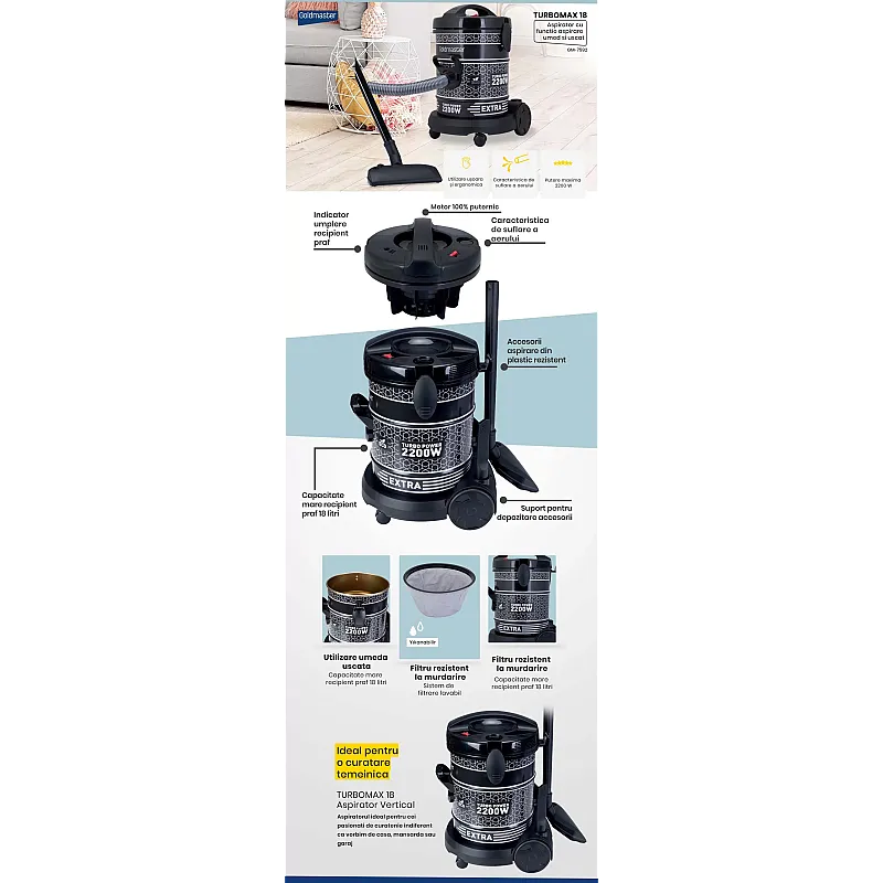 Aspirator cu sac Goldmaster Turbomax GM-7592, 2200W, Colectare 18l - Studiocasa.ro