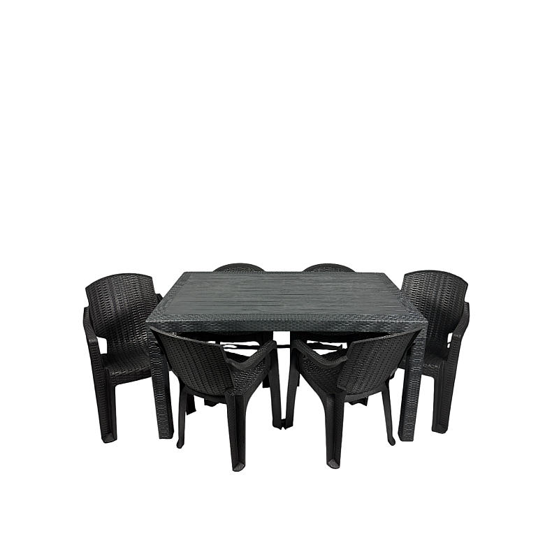 Set Masa terasa/gradina antracit cu 6 scaune negre, 150x90x77 cm, plastic, aspect ratan - Studiocasa.ro