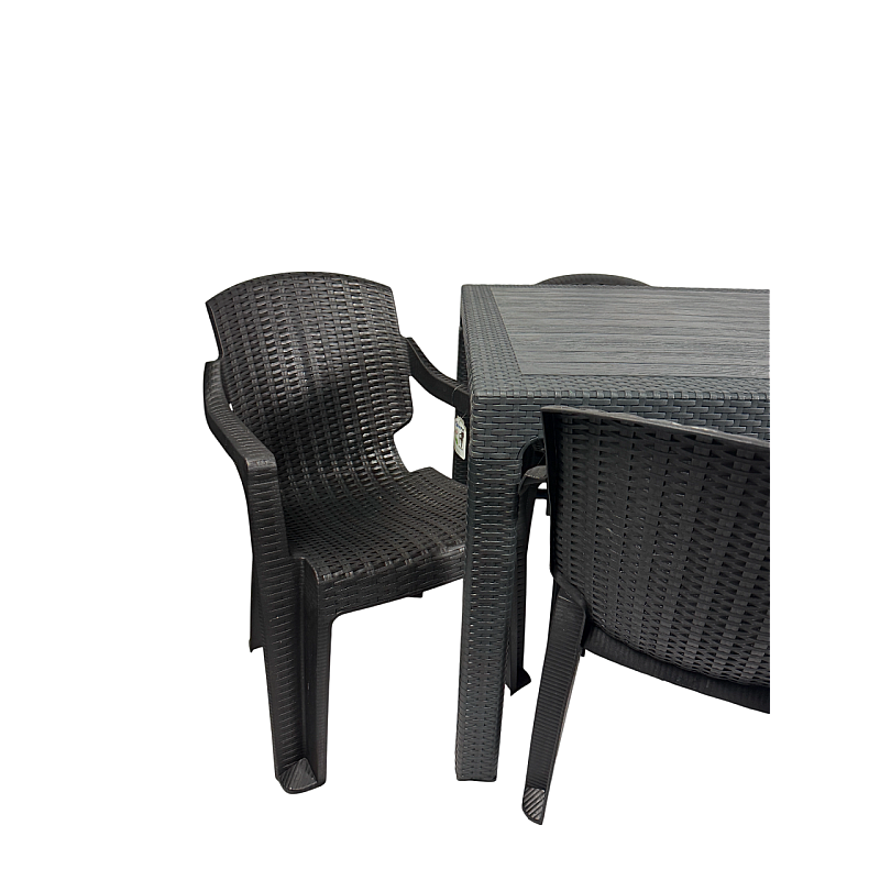 Set Masa terasa/gradina antracit cu 6 scaune negre, 150x90x77 cm, plastic, aspect ratan - Studiocasa.ro