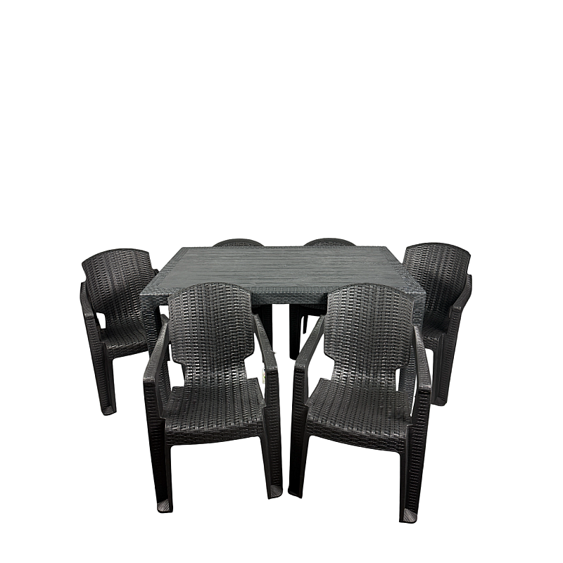 Set Masa terasa/gradina antracit cu 6 scaune negre, 150x90x77 cm, plastic, aspect ratan - Studiocasa.ro