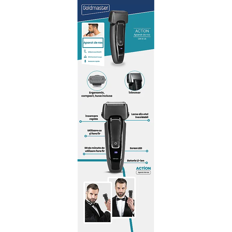 Aparat de ras electric Goldmaster GM-8128, Trimmer, Lithium-Ion, 500 mAh, Lame oscilante - Studiocasa.ro