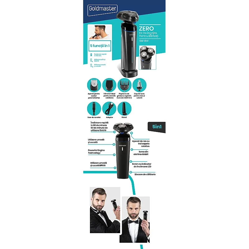 Aparat de ras Goldmaster GM-8141, Lame otel, Trimmer, Incarcare rapida, Lithium-Ion 700 mAh - Studiocasa.ro
