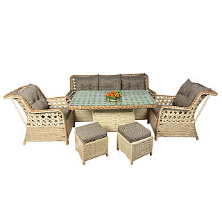 Set 6 piese mobilier de Terasa/Gradina cu perne, Masa, Canapea, Fotolii, Tabureti ,7 locuri , Crem