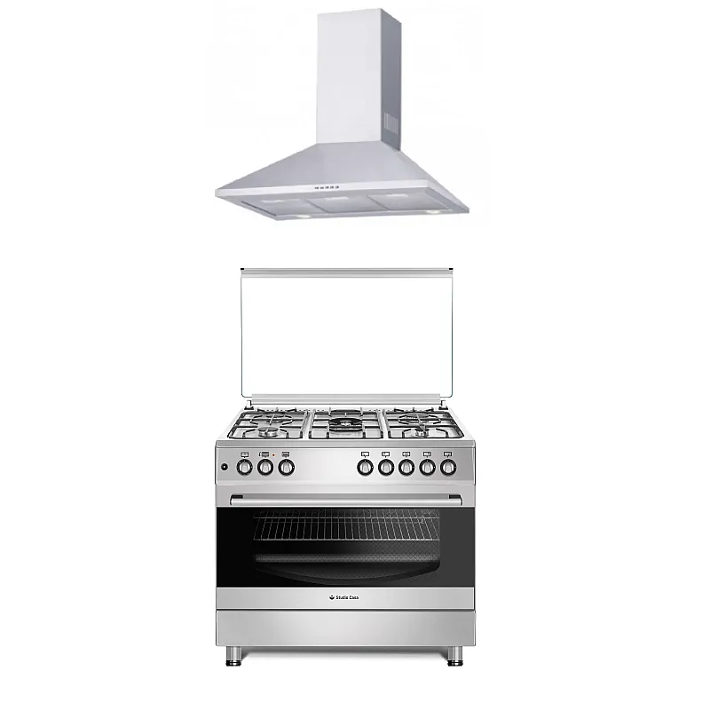 Pachet Aragaz clasic 5 arzatoare gaz, Cuptor gaz, 90x60cm, Studio Casa, FE9060 Inox, Grill, Rotisor, Aprindere electrica+Hota Decorativa 90 Cm, Kaminox90, 1 Motor Turbo , Studio Casa - Studiocasa.ro