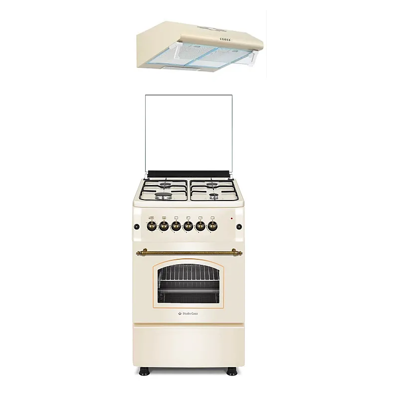 Pachet aragaz rustic si hota clasica Studio Casa Only Verona Retro, 50/55 cm, 4 arzatoare gaz, Cuptor gaz, Aprindere electrica, Gril electric, Crem - Studiocasa.ro