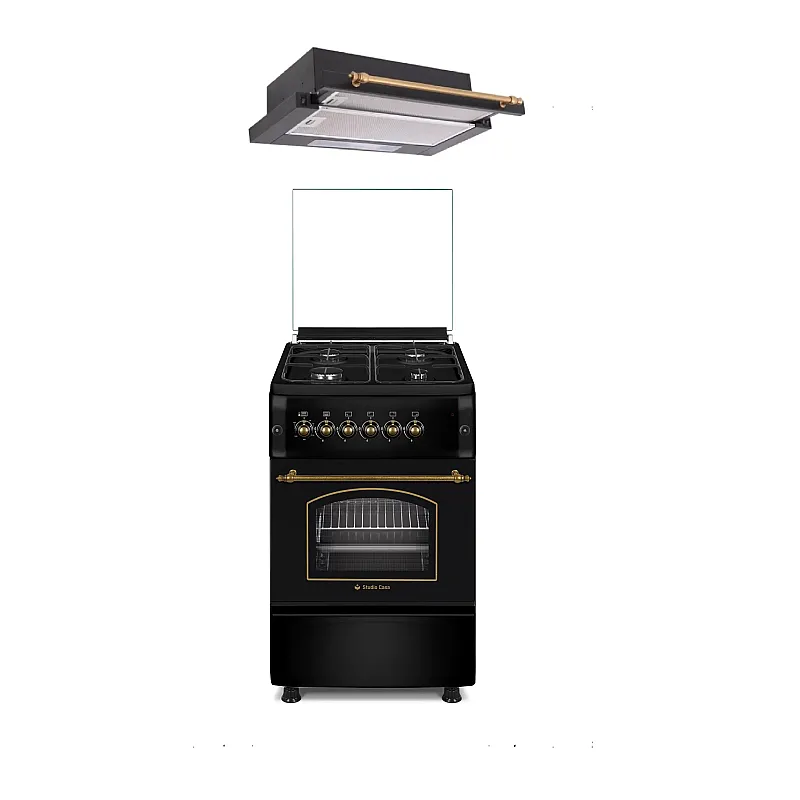Pachet rustic aragaz si hota telescopica Studio Casa Retro Verona Retro Black , 50/ 55 cm., 4 arzatoare gaz, Cuptor gaz, Aprindere electrica, Gril electric, Negru - Studiocasa.ro