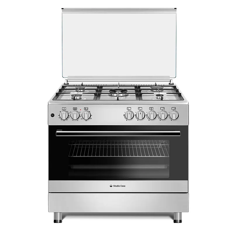 Resigilat Aragaz mixt 5 arzatoare gaz, Cuptor electric, 90x60cm, Studio Casa, FE90/60 Multifunctional, Grill electric, Rotisor, 2 ventilatoare, Aprindere electrica, Inox - Studiocasa.ro