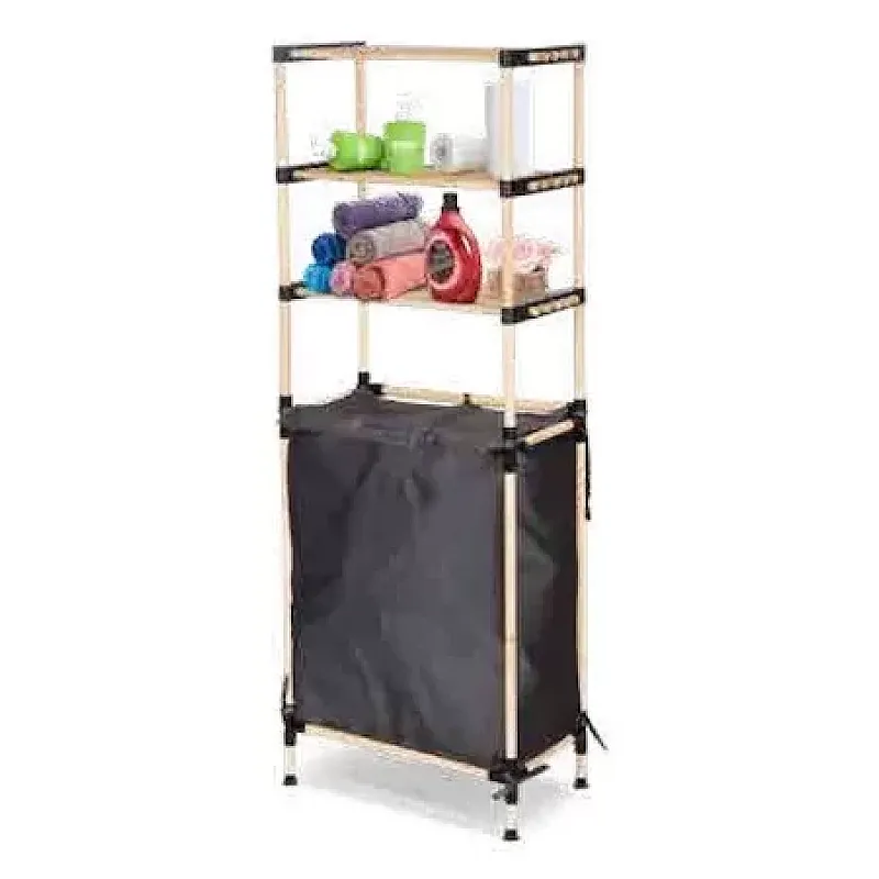 Etajera din lemn cu 3 etajere si cos de rufe din material textile, Seowood - Studiocasa.ro