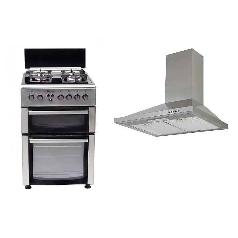 Pachet Aragaz mixt 4 arzatoare gaz, 2 cuptoare: Cuptor electric + Cuptor gaz, 60x60cm, Studio Casa Duetto FM60/60 cm., Ventilator, Aprindere electrica +Hota decorativa Studio Casa New Milano Inox - Studiocasa.ro