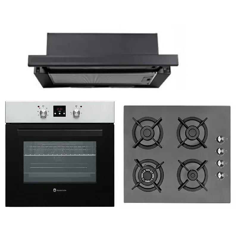 Pachet Cuptor Incorporabil Electric, Studio Casa Napoli Clasic, 65L + Plita Clasica Gaz, Incorporabila, 4 arzatoare gaz, Studio Casa CRY 4F Venezia +Hota telescopica incorporabila Studio Casa Wind Turbo Black - Studiocasa.ro